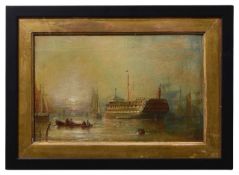 British School, 19th Century 'A harbour at sunset with a prison hulk'