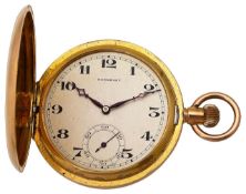 9ct gold full hunter pocket watch, silvered dial with Arabic numerals, subsidiary seconds dial signe