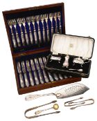 A William IV Scottish silver fiddle pattern fish slice, other silver + cased set
