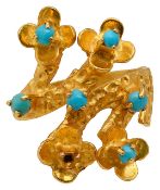 A high carat gold and turquoise set floral crossover ring