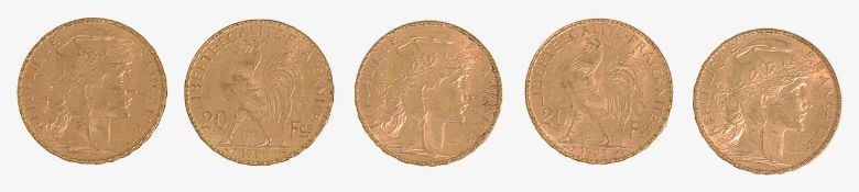 France. 3rd Republic, Five gold 20 Francs, 1904 x 2 & 1905 x 3, (5)