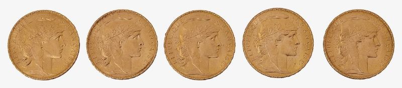 France. 3rd Republic, Five gold 20 Francs, 1907 x 3 & 1914 x 2, (5)