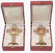 Two Italian silver gilt filigree reliquary crosses