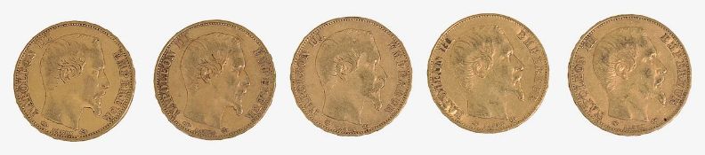 France. Napoleon III, Five gold 20 Francs, 1857, 1859 x 2, 1860 x 2, (5)