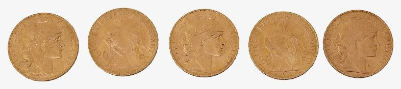 France. 3rd Republic, Five gold 20 Francs, 1912, (5)