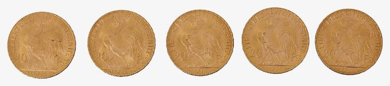 France. 3rd Republic, Five gold 20 Francs, 1914, (5)