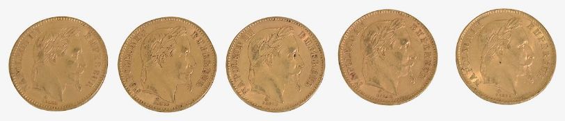 Fr. Napoleon III, Five gold 20 Francs, 1866, 1867 x 2, 1869, 1870, (5)