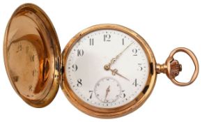 14K full hunter pocket watch, white enamel dial with Arabic numerals and subsidiary seconds dial, si