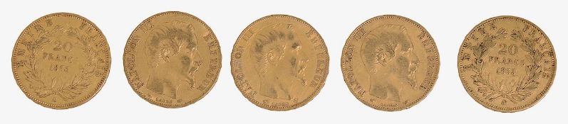 France. Napoleon III, Five gold 20 Francs, 1855 x 3, 1856 x 2, (5)