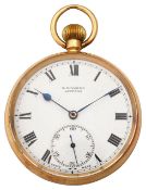 Swiss 15ct open faced keyless pocket watch, white enamel dial signed R. Diamerd Lucerne