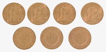 Fr. 3rd Republic, Seven gold 20 Francs, 1895 x3, 1896 x2, 1897, 1898, (5)