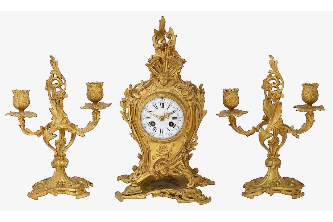 A late 19th century French Louis XV Rococo style gilt bronze clock garniture - Image 1 of 5