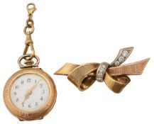 A diamond set bow brooch and fob watch