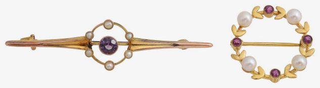 An Edwardian gold amethyst and seed pearl brooch