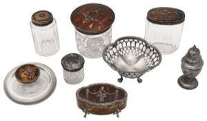 A George V silver and pique inlaid tortoiseshell trinket box and other items