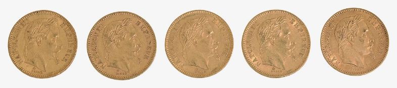 France. Napoleon III, Five gold 20 Francs, 1861, 1863, 1865 x 3, (5)