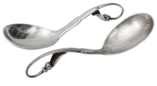 Two Danish Georg Jensen Pea Pod no 21 pattern silver sugar spoons