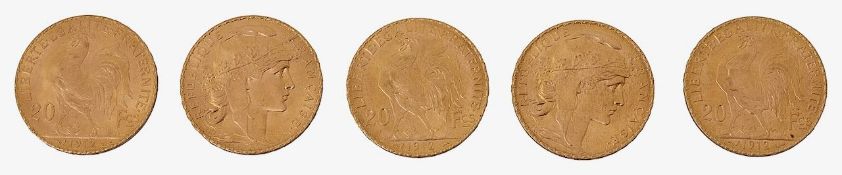 France. 3rd Republic, Five gold 20 Francs, 1912, (5)