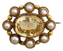 A mid/late 19th yellow sapphire and pearl brooch
