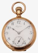 A 14K gold keyless open faced pocket watch by Longines