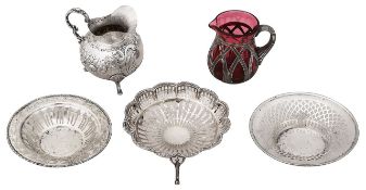 Hanau cream jug, a silver mounted glass cream jug + three bonbon dishes