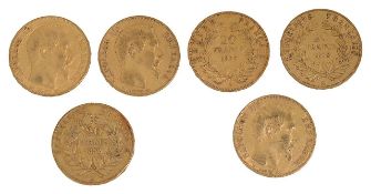 France. Napoleon III, Six gold 20 Francs, 1852 x 2, 1853, 1855 x 3, (6)
