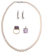 An 18ct amethyst ring, graduated cultured pearl, pendant and drop ear ring