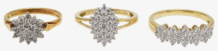 Three 18ct gold cluster rings