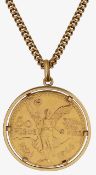 A Mexican 50 pesos coin mounted as a pendant with chain