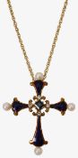 A diamond and sapphire enamel cross pendant
