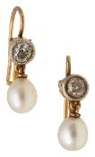 A pair of cultured pearl and diamond ear pendants