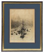 Wylie - 'HMS President lying on her permanent mooring on the Thames',