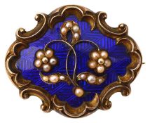 A Victorian mourning brooch with blue enamel and seed pearl