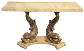 A Regency style polychrome and gilt console table