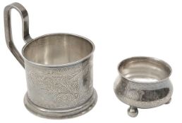 A late 19th century Russian .84 silver tea glass holder and a cauldron salt