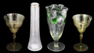 Two James Powell olive green drinking glasses c.1880 and two vases