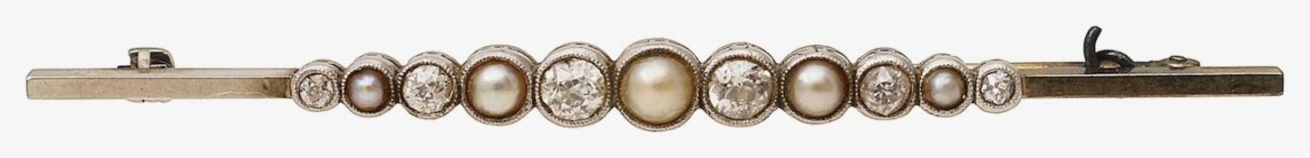 A half pearl and diamond-set bar brooch