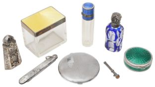 A collection of silver vertu to include a silver and enamel pill box