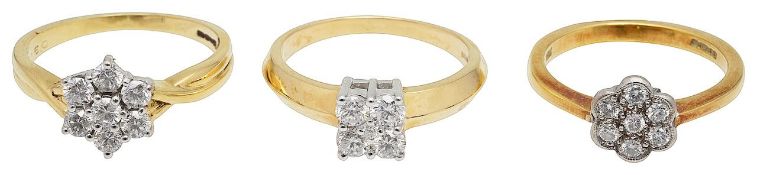 Three diamond-set cluster and 18ct gold rings