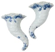 Pair first period Worcester blue and white cornucopia wall pockets