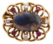 A black opal, diamond and ruby brooch