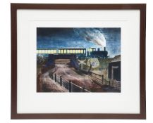 After Eric Ravilious (British 1903-1942) 'Train Going over a bridge at Night',