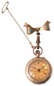 A lady's 9ct gold keyless fob watch with bow bar brooch