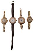 Four 9ct gold cased ladies watches
