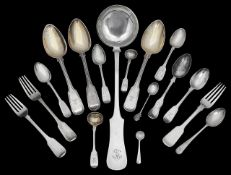 German .800 silver fiddle pattern soup ladle and other silver flatware