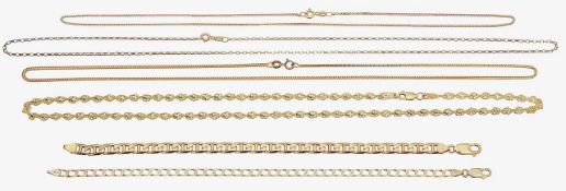 A collection of 9ct gold chains and bracelets