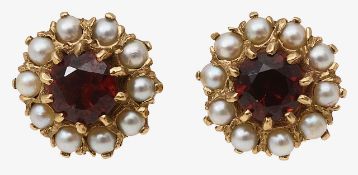 A pair of garnet and pearl cluster earrings and three further pair of earrings