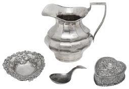 A George V silver cream jug, and Edwardian heart shaped trinket box and other items