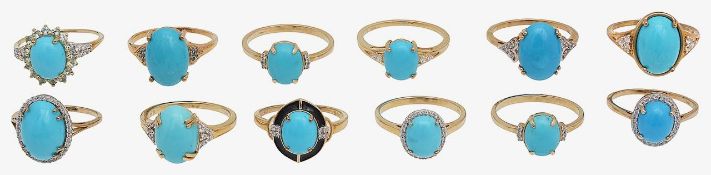 A collection of 9ct gold and turquoise rings
