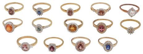 A collection of 9ct gold and gem set cluster rings